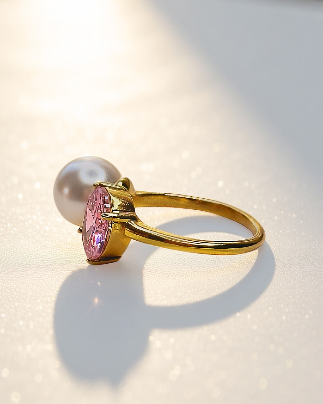 Rosé Pearl Duo Ring -18K Gold Plated Stainless Steel (Waterproof, Non-Tarnish)