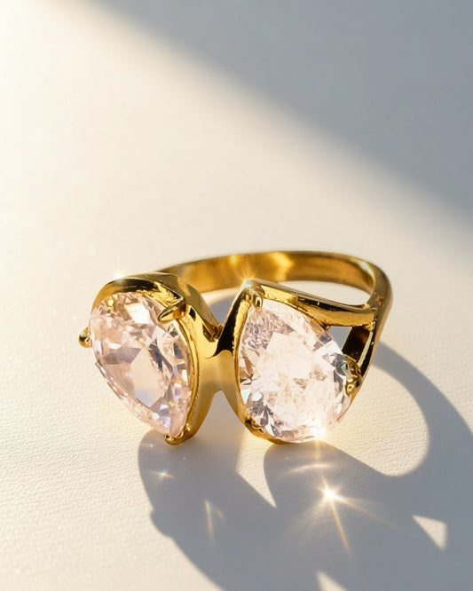 Twin Teardrop Ring -18K Gold Plated Stainless Steel (Waterproof, Non-Tarnish)