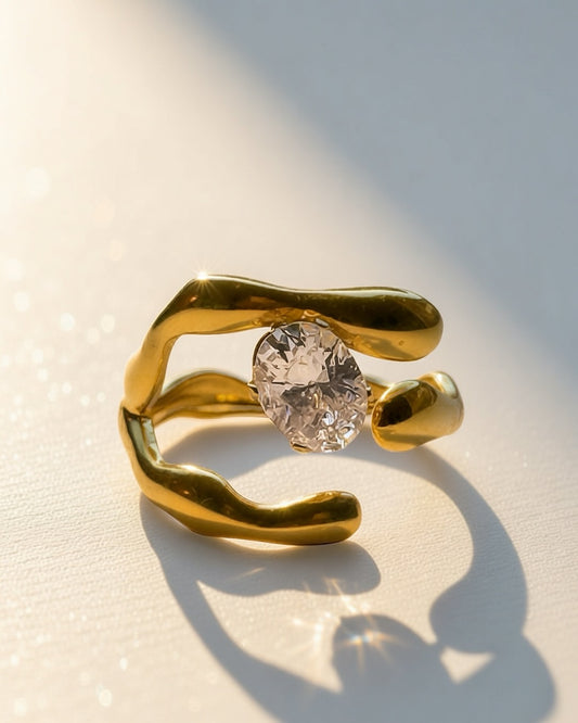 Ripple Solitaire Ring -18K Gold Plated Stainless Steel (Waterproof, Non-Tarnish)